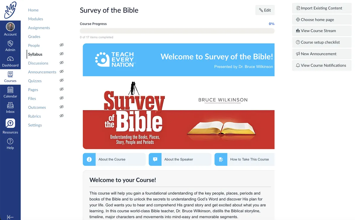 The same course after the refresh, with a branded banner, quick links and a welcome message
